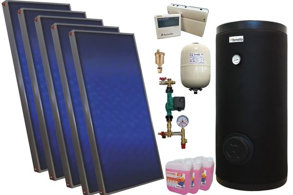 Pachet sistem solar presurizat, 5 panouri solare plane Sunsystem PК SL FP 2.0, Boiler cu 2 serpentine Fornello SOL 500 LT 2S, controller, vas expansiune, grup pompare, aerisitor 1/2, antigel