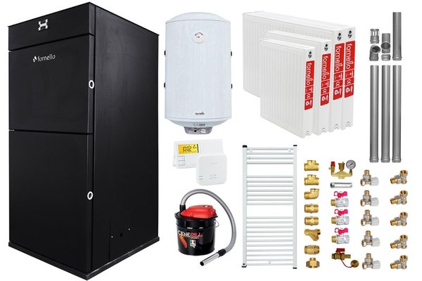 Pachet Centrala peleti Fornello Pellet King 25 kw, complet echipata, pompa circulatie, vas expansiune, automatizare, kit evacuare 3.5 ml, Boiler Termoelectric Fornello 100 l, Termostat Radio Comanda Salus 091FLRFV2, Aspirator, Radiatoare si kit mo