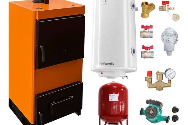 Pachet Cazan (centrala) pe combustibil solid, (lemn, carbune), Fiama W, 45 kW, Boiler Termoelectric, Vas Expansune, Pompa si Fitinguri Montaj