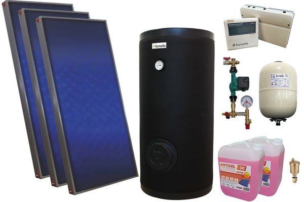 Pachet sistem solar presurizat, 3 panouri solare plane Sunsystem PК SL FP 2.0, Boiler cu 2 serpentine Fornello SOL 300 LT 2S, controller, vas expansiune, grup pompare, aerisitor 1/2, antigel