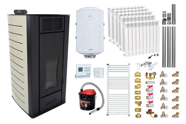 Pachet Termosemineu peleti Fornello Premium W22, 25 kw, culoare Ivory, complet echipat, calorifere aluminiu, pompa circulatie, vas expansiune, automatizare, kit evacuare 3.5 ml, Boiler Termoelectric Fornello 100 l, Termostat Computherm Q3 RF, Aspirat
