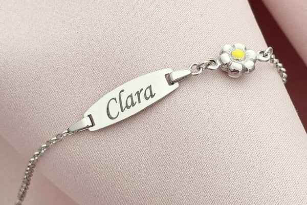 Bratara bebe - Placuta cu nume - Simbol floare colorata si lantisor - Argint 925
