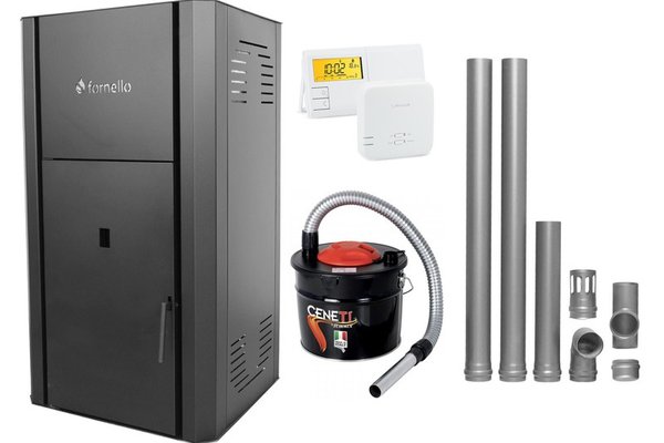 Pachet Centrala peleti Fornello Primo Pellet Black 25 kw, complet echipata pentru incalzire, pompa circulatie, vas expansiune, automatizare, kit evacuare 2.5 ml, Termostat Salus 091FLRFV2, Aspirator Cenusa