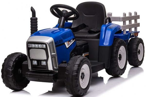 Tractoras electric pentru copii, Kinderauto BJ-611, 70W, 12V, echipare, PREMIUM cu remorca si telecomanda, albastru