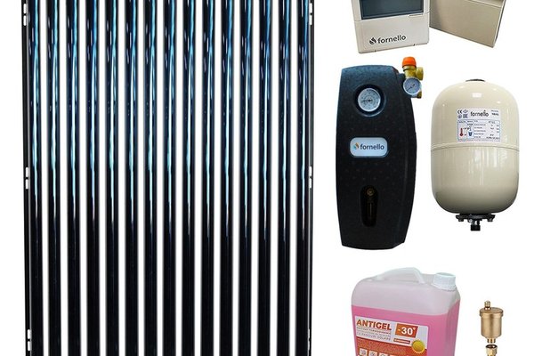Pachet Panou solar presurizat cu tuburi vidate Heat Pipe Fornello 15 tuburi, destinat producerii de apa calda menajera, controller, vas expansiune, grup pompare, aerisitor 1/2, antigel