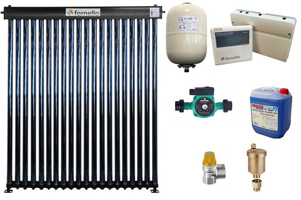 Sistem solar presurizat, panou Fornello 20 Tuburi Heat Pipe, pompa 25-60, controller, vas expansiune, antigel, supapa 1/2, aerisitor 1/2