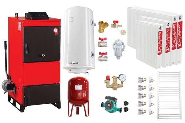 Centrala pe combustibil solid Fiama D2-25, 29 kW, cu Ventilator si Automatizare, Pachet Complet cu Radiatoare, Boiler si Accesorii
