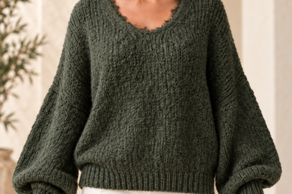 Pulover oversize kaki cu dantela la decolteu in V si maneci bufante