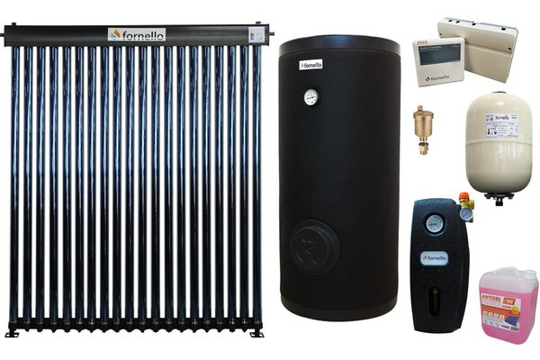Pachet sistem solar presurizat, panou Fornello 20 Tuburi Heat Pipe, Grup pompare, Boiler cu 2 serpentine FORNELLO SOL 200 LT 2S, controller, Vas expansiune, Aerisitor 1/2, Antigel