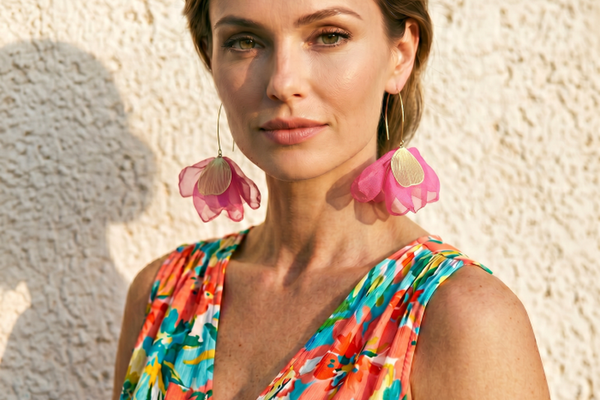 Cercei eleganti tip floare cu accente aurii, din matase, fucsia