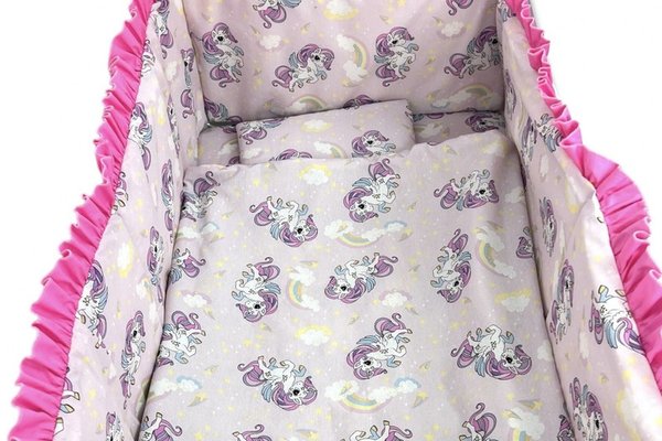 Lenjerie de pat 3 piese cu cearceaf plapumioara si pernuta slim 140x70 cm Croitoria Noastra unicorni Roz