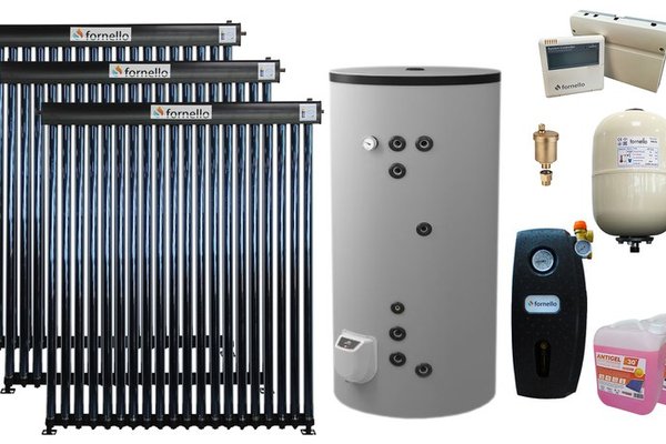 Pachet sistem solar presurizat, panou Fornello 3x 20 Tuburi Heat Pipe, Boiler cu 2 serpentine Eldom FV50080S21, 9000 W, 500 l, controller, vas expansiune, grup pompare, aerisitor 1/2, antigel
