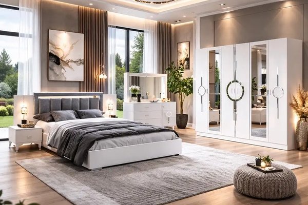 Dormitor Carol,sifonier,comoda,noptiera,pat cu lada Homs, alb, 220x210x50 cm