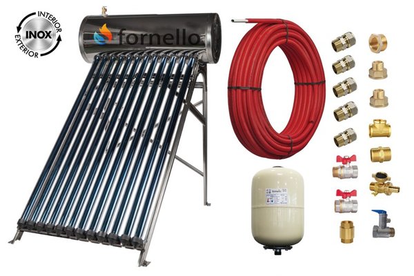 Pachet panou solar presurizat compact FORNELLO SPP-470-H58/1800-12-c cu 12 tuburi vidate de tip heat pipe si boiler din inox de 109 litri, Teava, Vas Expansiune si Fitinguri montaj