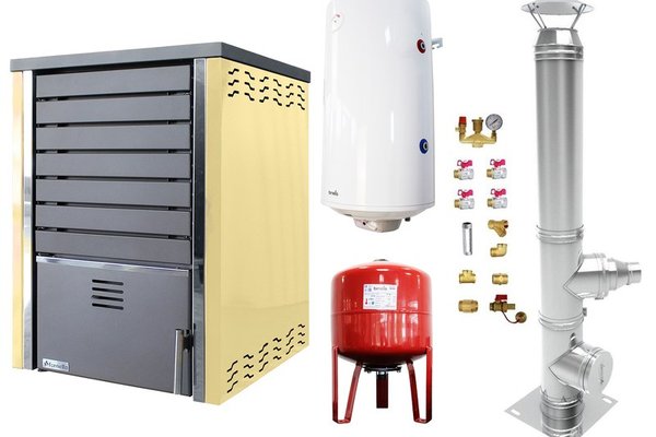 Pachet Centrala pe lemne FORNELLO SAUNA CREAM 30 kw echipata cu pompa de circulare, cos inox, boiler termoelectric 100l, vas expansiune si kit montaj