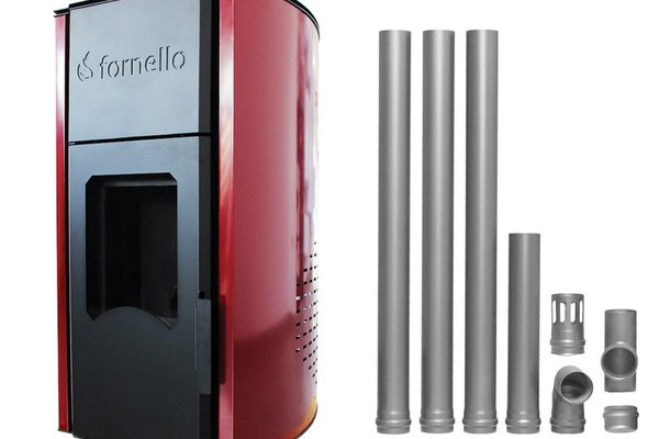 Pachet termosemineu centrala peleti Fornello Royal 25 kw , complet echipat pentru incalzire, pompa , vas expansiune, automatizare , telecomanda, buncar peleti tiraj fortat, Kit de evacuare gaze arse Dn 80 din otel negru