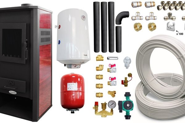 Pachet Termosemineu pe lemne, brichete si carbune Fornello Roma E, Bordeaux, 22 kW, 49x45x103 cm, boiler termoelectric 100l, teava, vas expansiune, pompa circulatie, kit evacuare si fitinguri