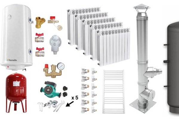Pachet de incalzire Fiama W 25 kW cu puffer de 800 l, cos de fum inox, radiatoare Fornello ALVO si boiler termoelectric