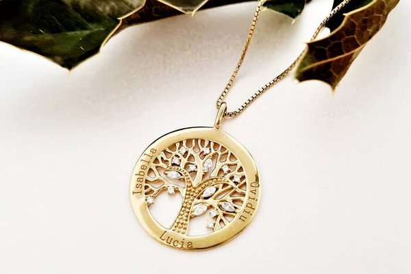 Lantisor personalizat cu nume - Copacul Vietii decorat cu Zirconii albe - Argint 925 placat cu Aur Galben 18K