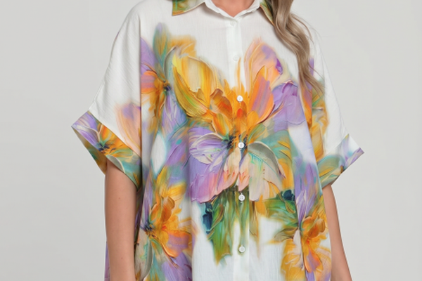 Camasa oversize cu maneca scurta din in si vascoza, imprimeu artistic pastelat