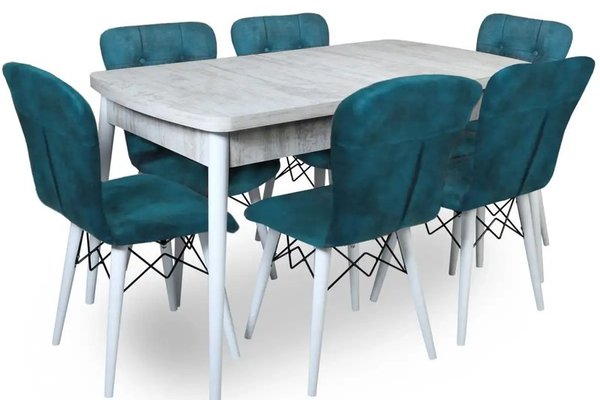 Set masa extensibila cu 6 scaune tapitate Homs cristal-blue-picior-alb-170 x 80 cm