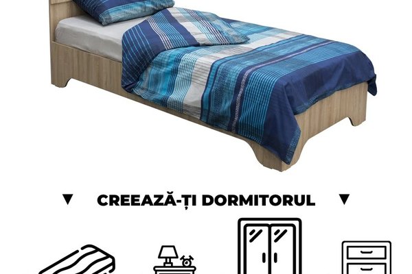 Creeaza-ti Dormitorul ALMA, sonoma deschis, de la Pat cu picioare Alma 90x200 cm, adauga Saltea, Noptiere, Comoda, Dulap