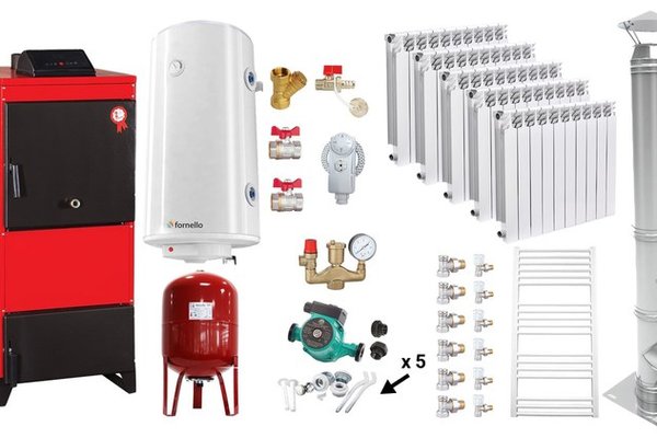 Pachet centrala pe combustibil solid Fiama D2-25, 29 kW, cu ventilator si automatizare, cos inox, radiatoare Fornello Alvo si boiler