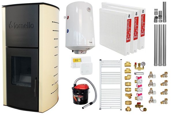 Pachet Termosemineu pe peleti Fornello Michelle 12 kW, echipat cu pompa, vas expansiune, automatizare, Boiler, kit evacuare 3.5 ml, Aspirator Cenusa, Termostat Salus 091FLRFV2, Calorifere si Fitinguri