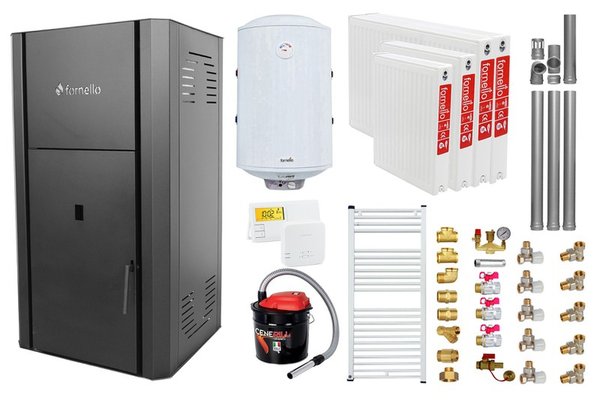 Pachet Centrala peleti Fornello Primo Pellet Black 25 kw, complet echipata pentru incalzire, pompa, vas expansiune, automatizare, kit evacuare 3.5 ml, Boiler Termoelectric 100 l, Termostat Salus 091FLRFV2, Aspirator , Calorifere si kit montaj