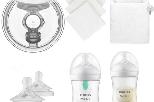 Pachet Qmini Confort Kit, cu Pompa de San Hands-Free, Scutece Muselina, Biberoane Philips Avent Anticolici si Paturica Catifea