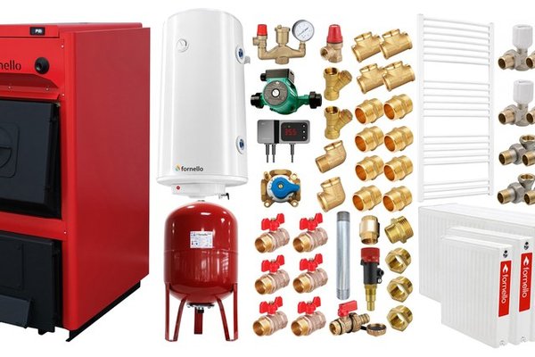 Centrala pe combustibil solid Fornello T-PRO 35 kW cu radiatoare, boiler si accesorii complete
