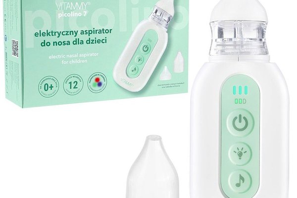 Aspirator nazal electric pentru copii din prima zi de viata Vitammy Picolino 7 cu 2 capete de schimb, 3 niveluri de putere, 12 melodii, iluminare colorata si incarcare USB-C