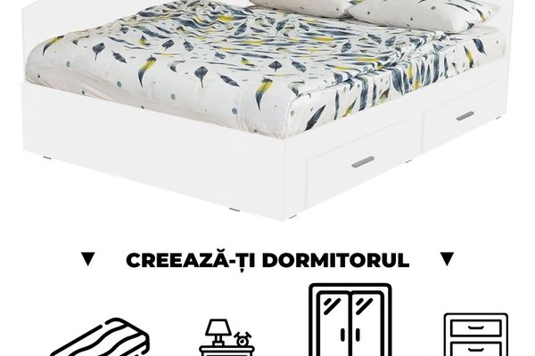 Creeaza-ti Dormitorul ALMA, alb, de la Pat Colt 140x200 cm, cu 2 sertare laterale pe role, adauga Saltea, Noptiere, Comoda, Dulap