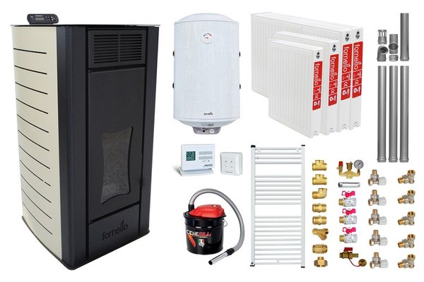 Pachet Termosemineu peleti Fornello Premium W22, 22 kw, culoare Ivory, complet echipat, pompa circulatie, vas expansiune, automatizare, kit evacuare 3.5 ml, Boiler Termoelectric Fornello 100 l, Termostat Radio Comanda Computherm Q3 RF, Aspirator, Cal