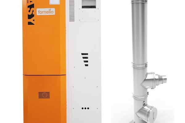 Pachet Centrala pe peleti Fornello Slimpel Easy 25 kw, arzator inox, pompa de circulatie, tiraj fortat 80 mm, pompa electronica Grundfos, sistem curatare mecanica, A+, Cos inox 6 ml 120 mm