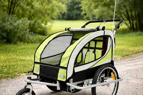 Remorca de bicicleta pentru transport copii, 2 locuri, sigura si confortabila, capacitate 40 kg