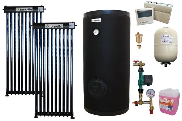 Pachet sistem solar presurizat, panou Fornello 20 Tuburi Heat Pipe, Boiler cu 2 serpentine Fornello SOL 200 LT 2S, controller, vas expansiune, grup pompare, aerisitor 1/2, antigel