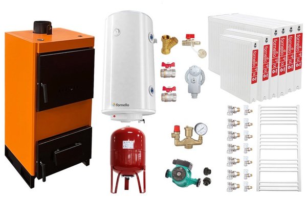 Pachet Cazan (centrala) pe combustibil solid, (lemn, carbune), Fiama W, 45 kW, Radiatoare Otel, Boiler Termoelectric, Vas Expansune, Pompa si Fitinguri Montaj