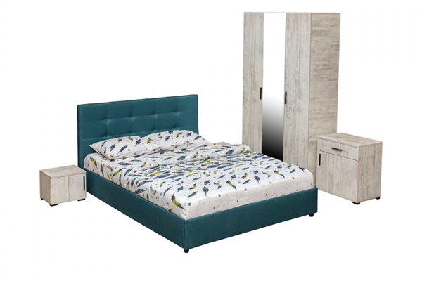 Set dormitor ECONO, 5 piese, pat 160x200 cm, dulap 3 usi, comoda, 2 noptiere, pin antichizat + turcoaz