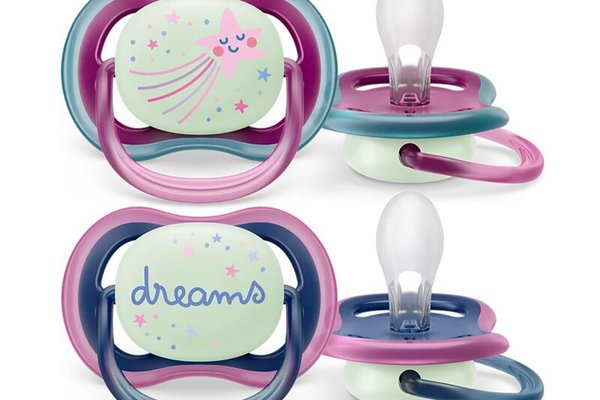 Set 2 suzete ortodontice Philips Avent Ultra Air, moi, fosforescente, silicon, cu carcasa de depozitare, fara BPA, 6-18 luni, Pink/Blue