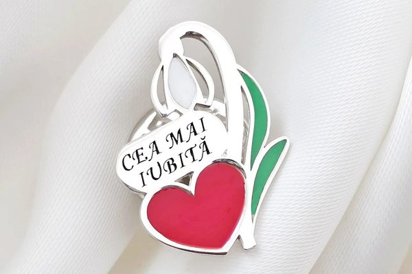 Pin Ghiocel - Personalizat cu inima colorata si text - Argint 925
