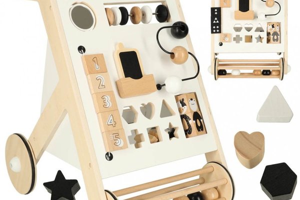 Antepremergator pentru copii, Ikonka, din Lemn, cu elemente interactive, sortator de forme, abac, labirint cu bile, placi numerice, oglinda si blocuri rotative, dimensiune 32 x 49 x 34 cm