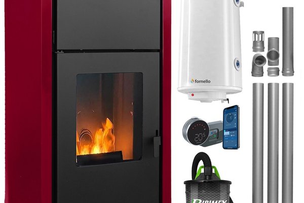 Pachet complet de incalzire Fornello Fiama Confort 25 kW, Bordeaux, cu control de la distanta