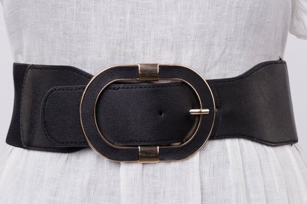 Curea elastica neagra cu catarama ovala si detaliu auriu