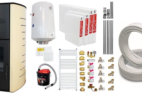 Pachet Termosemineu pe peleti Fornello Royal Ivory 18 kW, complet echipat cu pompa, teava hidronix, vas expansiune, automatizare, culoare crem, Boiler, kit evacuare 3.5 ml, Termostat Salus 091FLRFV2 Aspirator Cenusa, Calorifere si Fitinguri