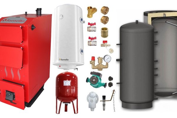 Pachet Cazan (centrala) pe combustibil solid, (lemn, carbune), Fornello Praktik 30 kW, Puffer 1000 litri, Boiler, Vas Expansiune, Pompa, Fitinguri Montaj