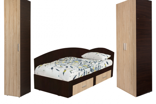 Set dormitor modular ALMA, 3 piese, pat de colt 120x200 cm, colt interschimbabil, dulap 2 usi, dulap 1 usa, sonoma inchis + deschis