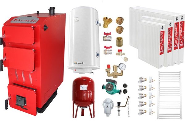 Pachet incalzire Fornello Praktik 30 kW cu boiler, radiatoare din otel si accesorii de montaj