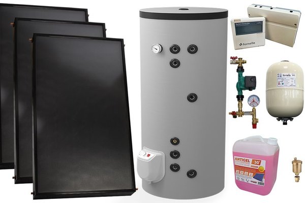 Pachet sistem solar presurizat, 3 x Panou solar plan Fornello 2.0 m² SPFP, Boiler cu 2 serpentine si rezistenta electrica Eldom FV30067S21, 9000 W, 300 l, grup pompare, controller, vas expansiune, antigel, aerisitor 1/2