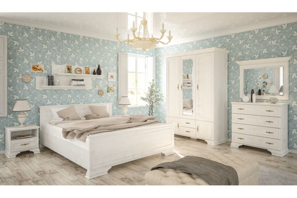 Set dormitor IRYS, 8 piese, pat 160x200 cm, dulap 5 usi, comoda, 2 noptiere, oglinda, 2 rafturi suspendate, pin anderson